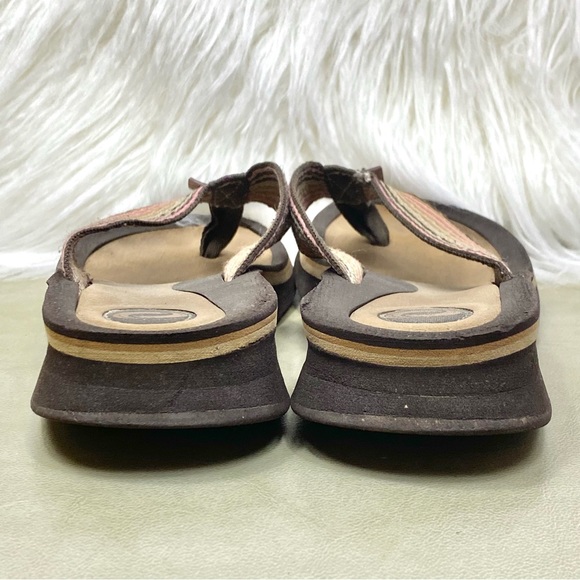 O’Rageous Thong Sandal Low Wedge Style Flip Flops Earthy Neutrals Canvas Stripe - Picture 9 of 15